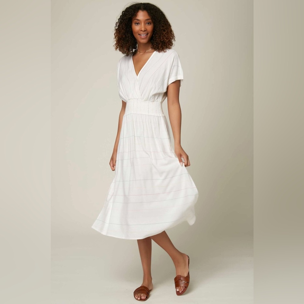 O’Neil Ciara Stripe White Woven Midi Dress Side Splits Beachy Coastal Size Small